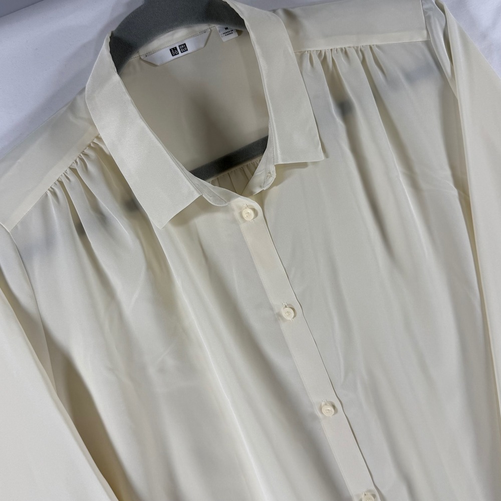 Uniqlo Long Sleeve Blouse Off White Cream Button Down Shirt Womens M